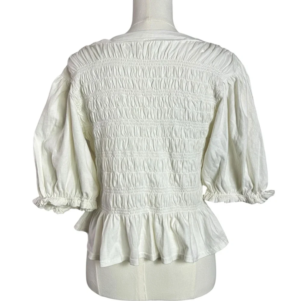 Free People Bohemian Cottage Ruched Maxey Knit Top in Ivory XL NWT Puff Sleeves